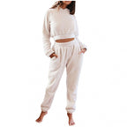 Women's Cozy Teddy Fleece Loungewear with Cropped Hoodie and High-Waist Joggers Fashion Glam