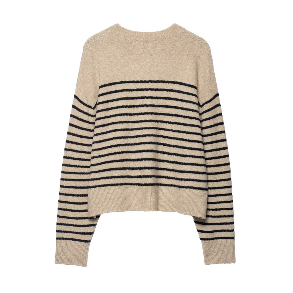 Women's Striped Fine Knit Henley Sweater with Dropped Shoulder and Ribbed Hem Fashion Glam