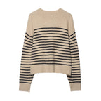 Women's Striped Fine Knit Henley Sweater with Dropped Shoulder and Ribbed Hem Fashion Glam