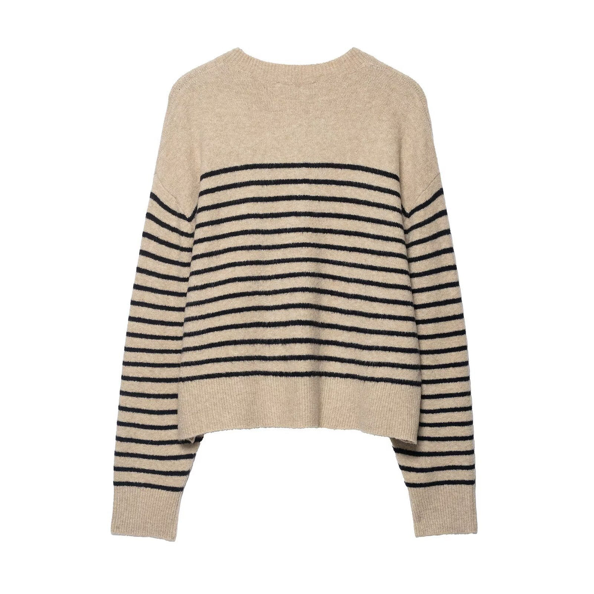 Women's Striped Fine Knit Henley Sweater with Dropped Shoulder and Ribbed Hem Fashion Glam