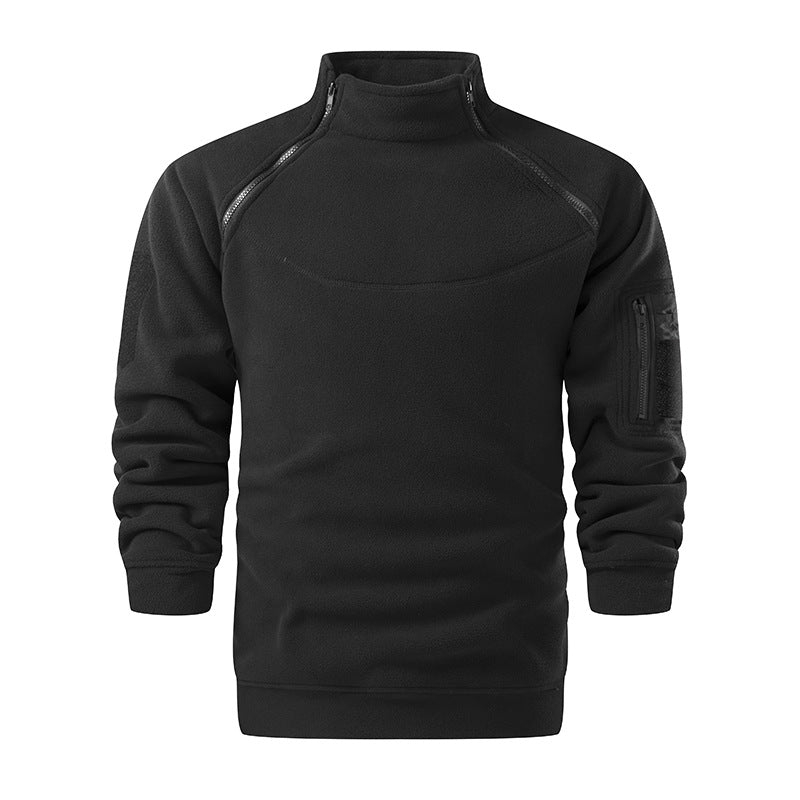 Men's Tactical Microfleece Sweater with High Stand-Up Collar, Sleeve Zip Pocket and Raglan Sleeves Fashion Glam