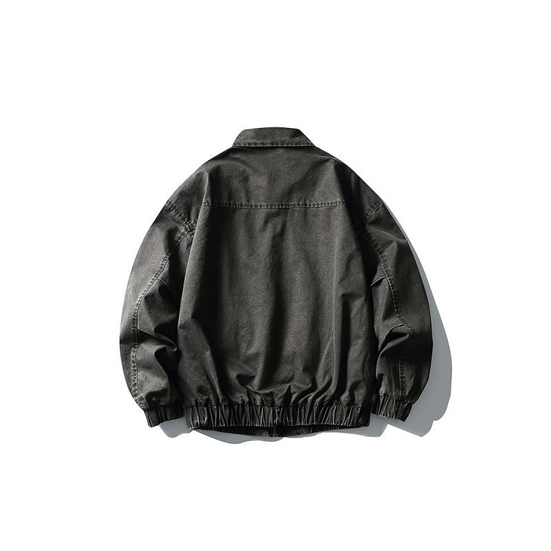 Unisex Short Boxy Denim Blouson Jacket with Zipper, Shirt Collar and Elastic Hem Fashion Glam
