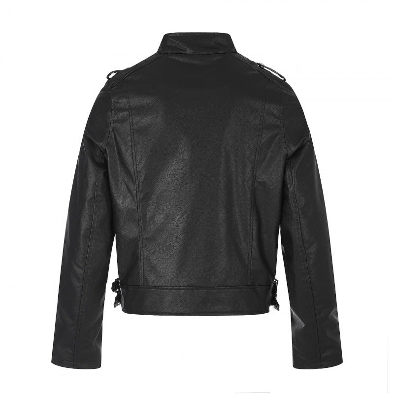 Unisex Short Cut Studded Leather Jacket in Biker Style with Stand-Up Collar, Zipper Sleeves and Waist Strap Fashion Glam