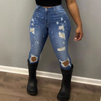 Women's high-waisted skinny super stretch jeans with used knee rips and paint splatter Fashion Glam