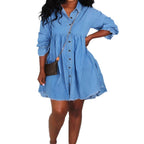 Women Oversize Denim Shirt Dress with Continuous Button Placket and Pockets Fashion Glam