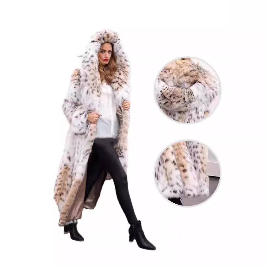 Women's Longer Faux Fur Coat with Hood and Lynx Look Fashion Glam