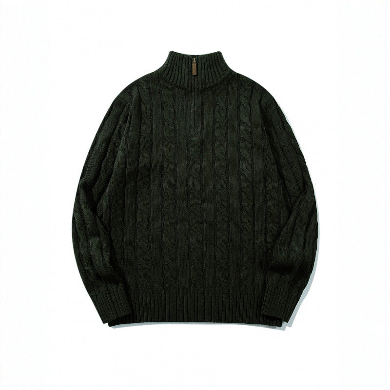 Unisex Coarse Knitted Half-Zip Cable Pattern Sweater with Stand-Up Collar and Ribbed Edges Fashion Glam
