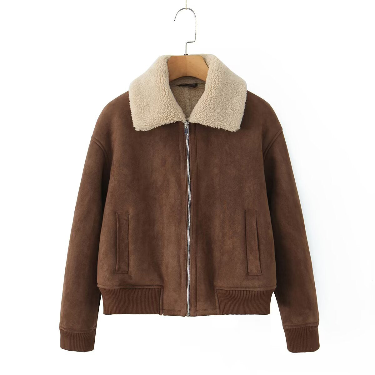 Women's Short Cut Teddy-Lined Suede Look Flight Jacket with Zipper Fashion Glam