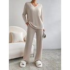 Women Cozy Ribbed Knit Loungewear Set with V-Neck and Wide Leg Fashion Glam