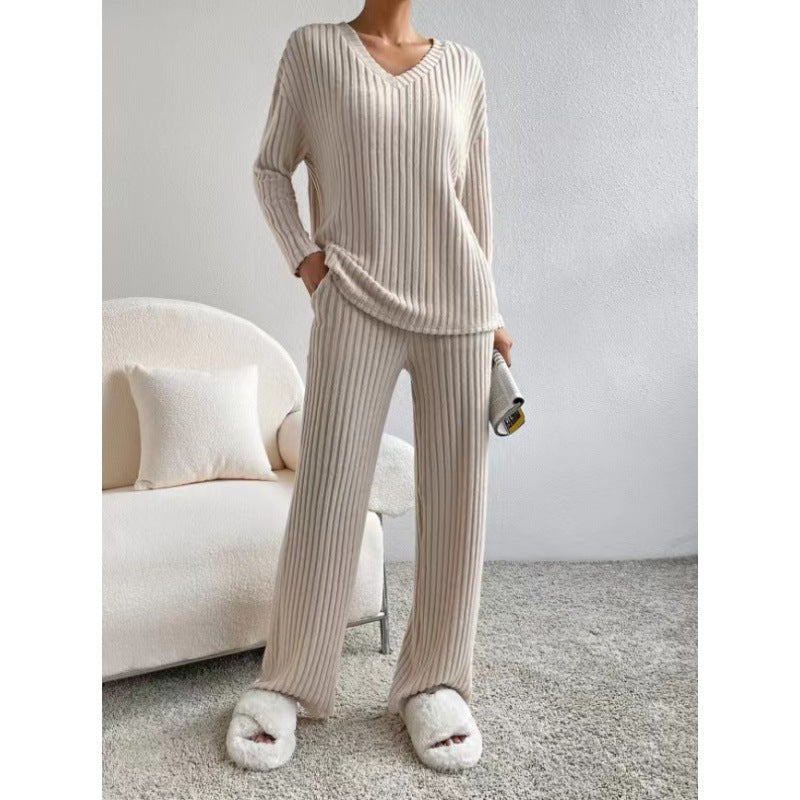 Women Cozy Ribbed Knit Loungewear Set with V-Neck and Wide Leg Fashion Glam