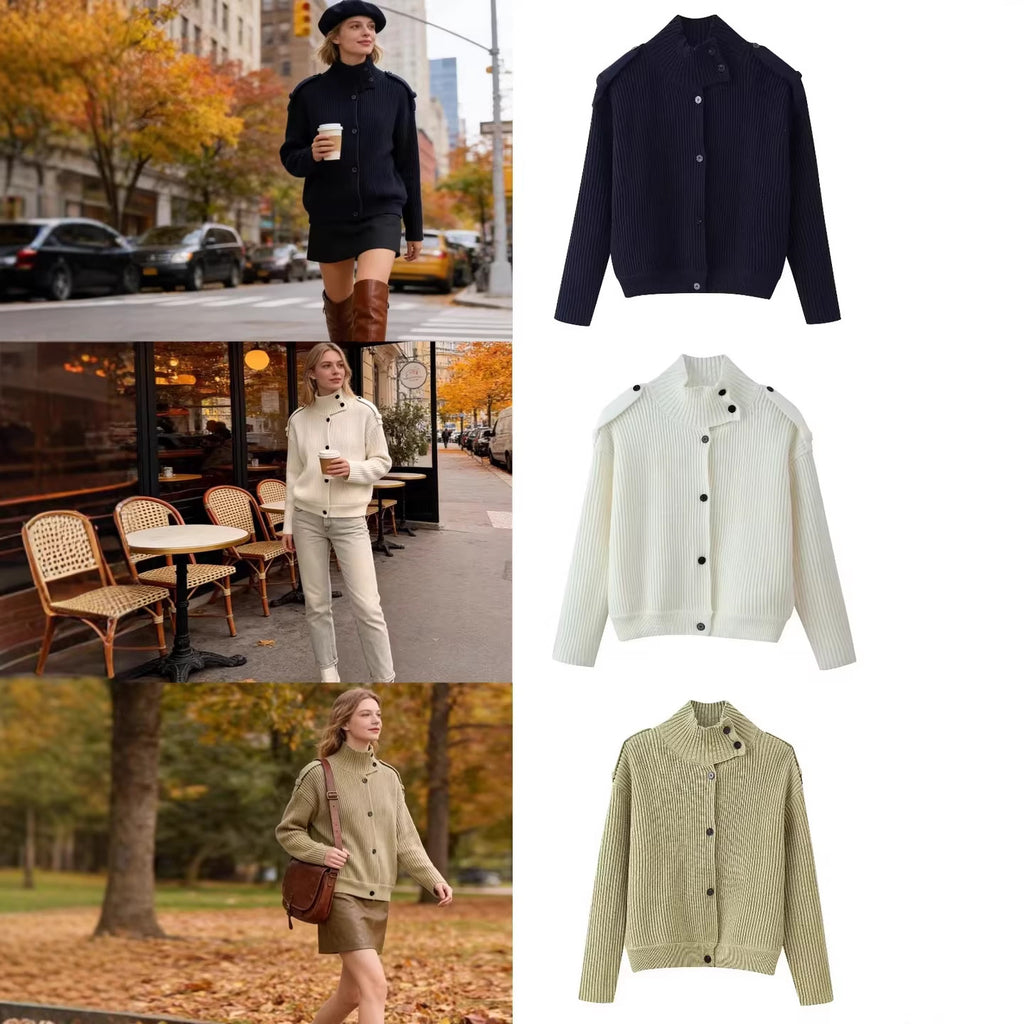 Women’s structured knit cardigan with stand-up collar, button placket and shoulder patches Fashion Glam