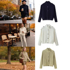 Women’s structured knit cardigan with stand-up collar, button placket and shoulder patches Fashion Glam