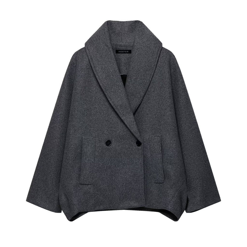 Women Boxy Wool Blend Cape Coat with Wide Shawl Collar and Double Button Placket Fashion Glam