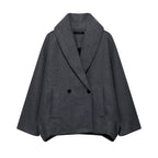 Women Boxy Wool Blend Cape Coat with Wide Shawl Collar and Double Button Placket Fashion Glam