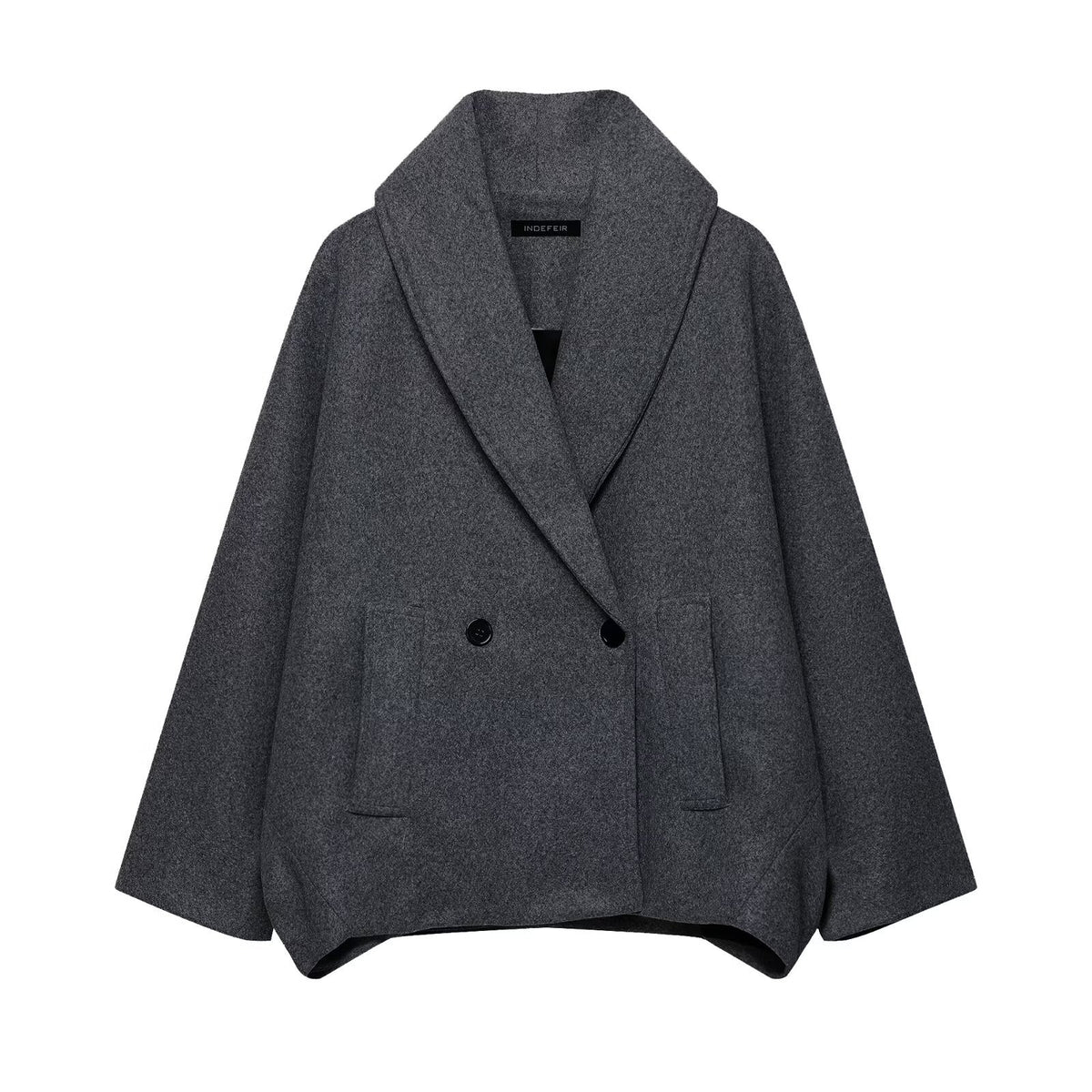 Women Boxy Wool Blend Cape Coat with Wide Shawl Collar and Double Button Placket Fashion Glam