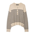 Women's Striped Fine Knit Henley Sweater with Dropped Shoulder and Ribbed Hem Fashion Glam