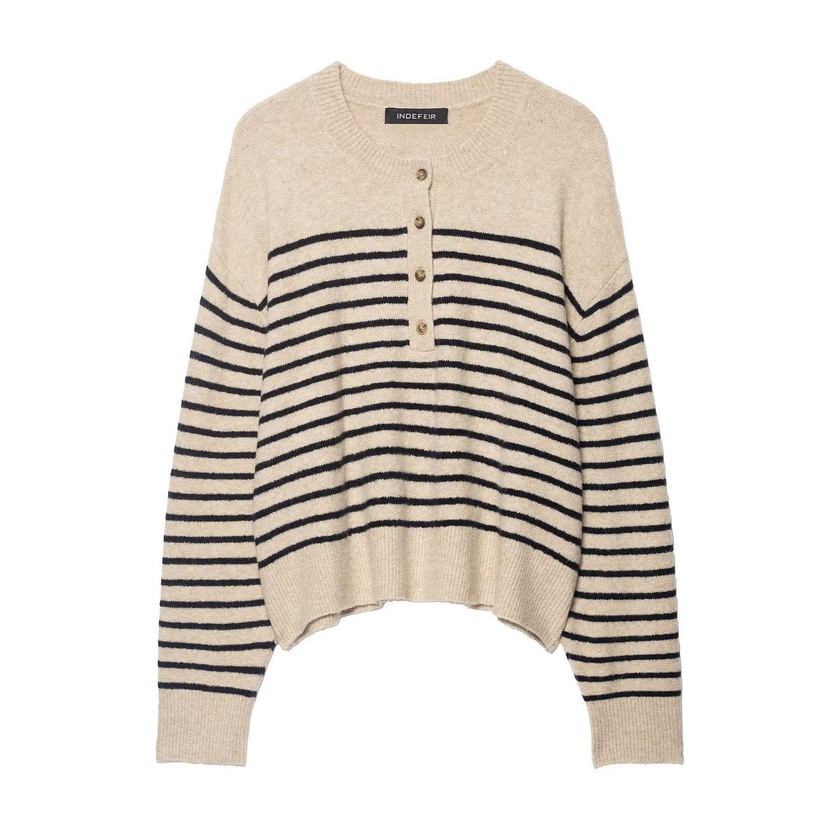 Women's Striped Fine Knit Henley Sweater with Dropped Shoulder and Ribbed Hem Fashion Glam