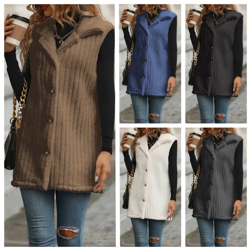 Women's sleeveless quilted vest with teddy lining, shirt collar, and button placket Fashion Glam
