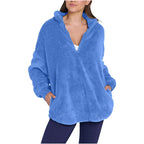 Women Fluffy Oversized Sherpa Pullover with Half Zip and Kangaroo Pockets Fashion Glam