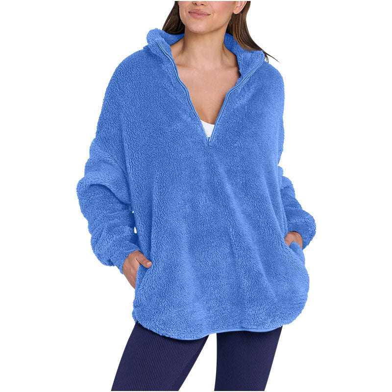 Women Fluffy Oversized Sherpa Pullover with Half Zip and Kangaroo Pockets Fashion Glam