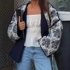 Women's Padded Kimono Jacket with Ornamental Print, Contrasting Trim and Waist Belt Fashion Glam