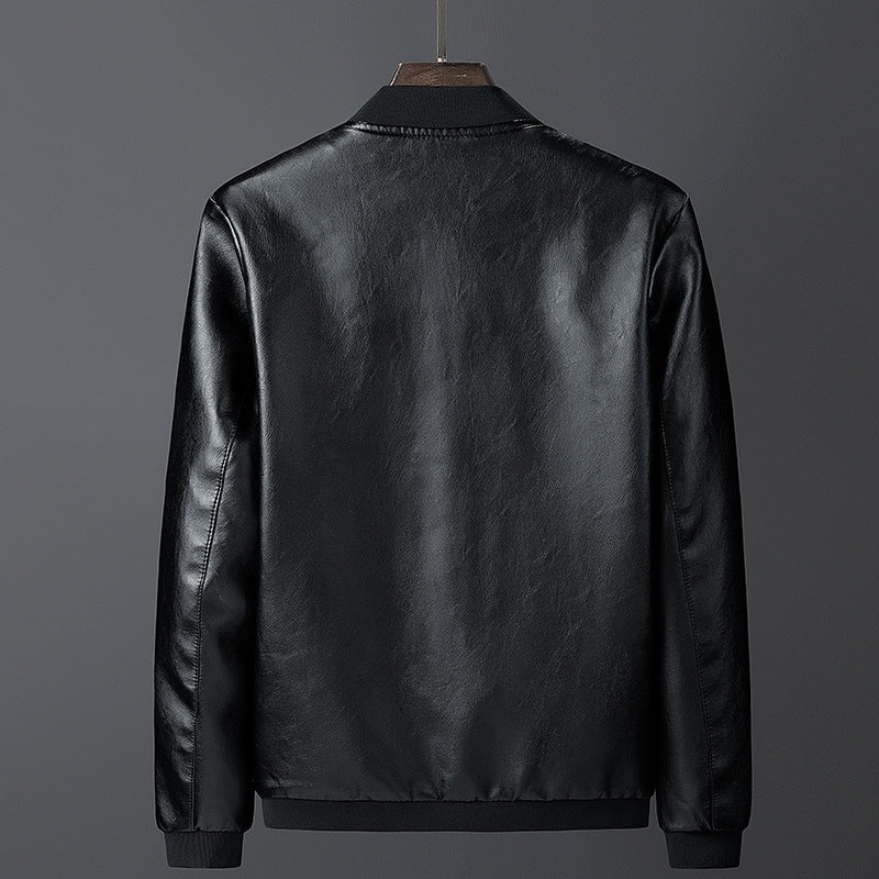 Men's smooth leather look bomber jacket with stand-up collar, zippered pockets, and elastic cuffs Fashion Glam