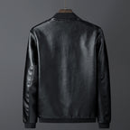 Men's smooth leather look bomber jacket with stand-up collar, zippered pockets, and elastic cuffs Fashion Glam