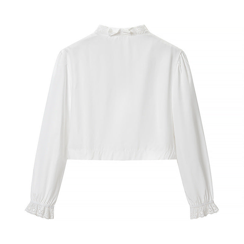 Women's Cropped Lace Bolero Blouse with Stand Collar and Eyelet Embroidery Fashion Glam