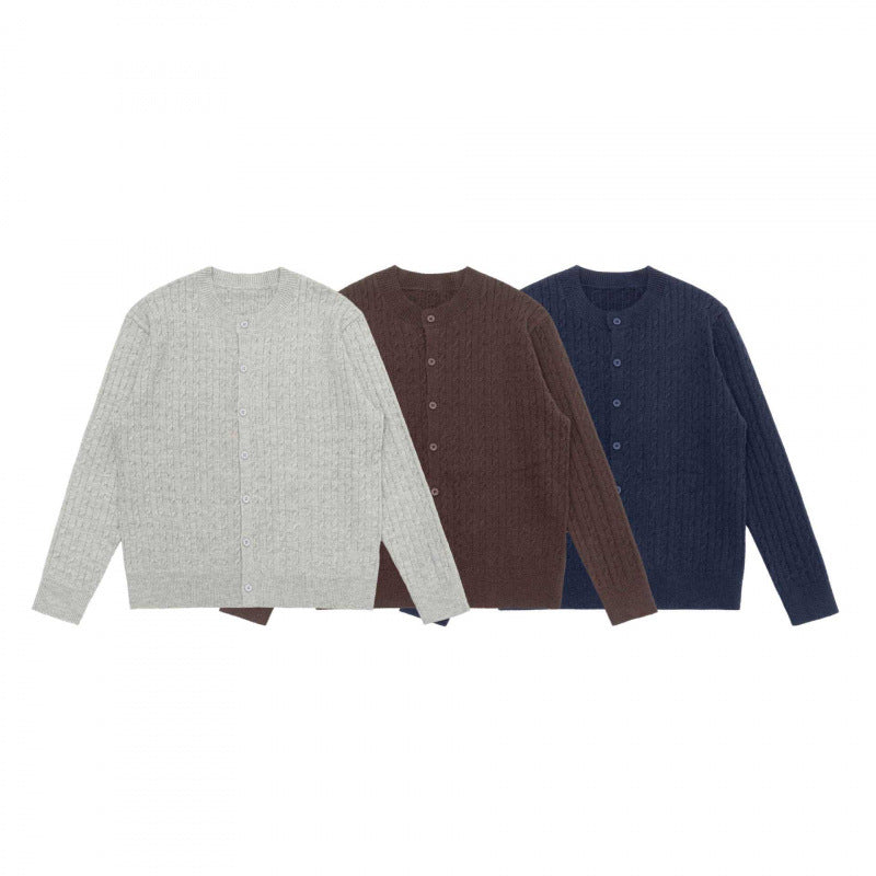 Unisex Short-cut Braid Knit Cardigan with Round Neck and Pearlescent Buttons Fashion Glam