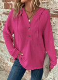 Women Waffle Knit Hoodie with Henley Button Placket and Oversized Cut Fashion Glam
