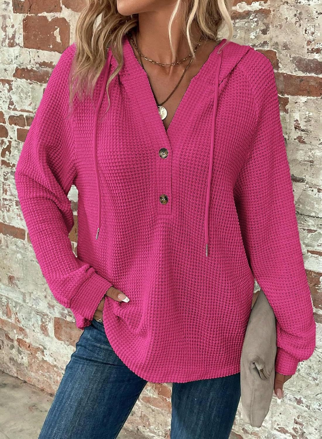 Women Waffle Knit Hoodie with Henley Button Placket and Oversized Cut Fashion Glam