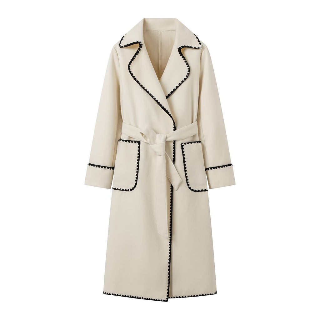 Women's Tailored Wool Blend Long Coat with Belt and Contrasting Zigzag Trim Fashion Glam