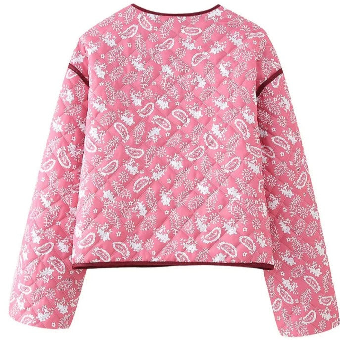 Women's quilted short jacket with V-neck, paisley pattern and contrasting piping Fashion Glam