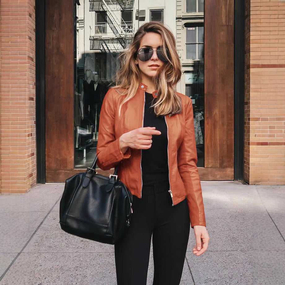 Ladies fitted faux leather biker jacket with stand-up collar and decorative seams Fashion Glam