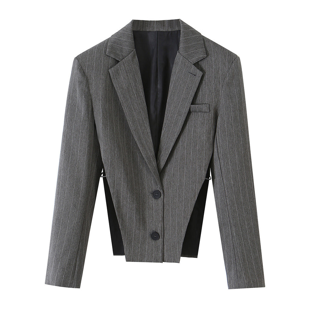 Women's Short Cut Pinstripe Blazer with Side Cut-Outs and Lacing Detail Fashion Glam
