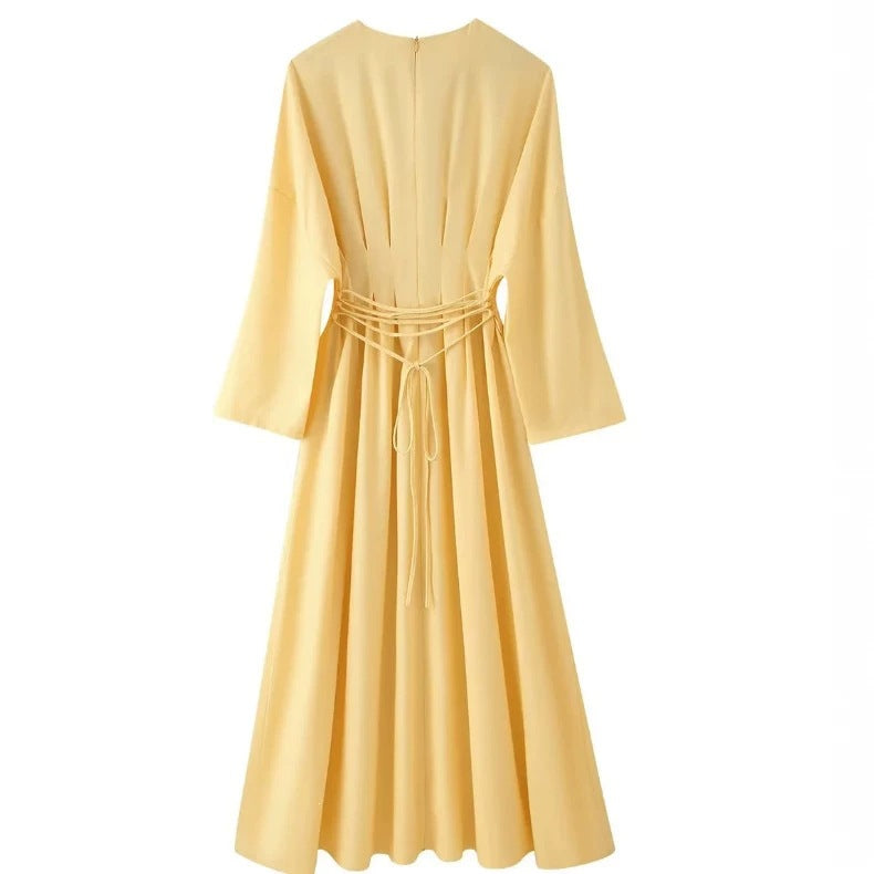 Ladies max dress with pleated bodice pleats, wide skirt and long bell sleeves Fashion Glam