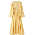 Ladies max dress with pleated bodice pleats, wide skirt and long bell sleeves Fashion Glam
