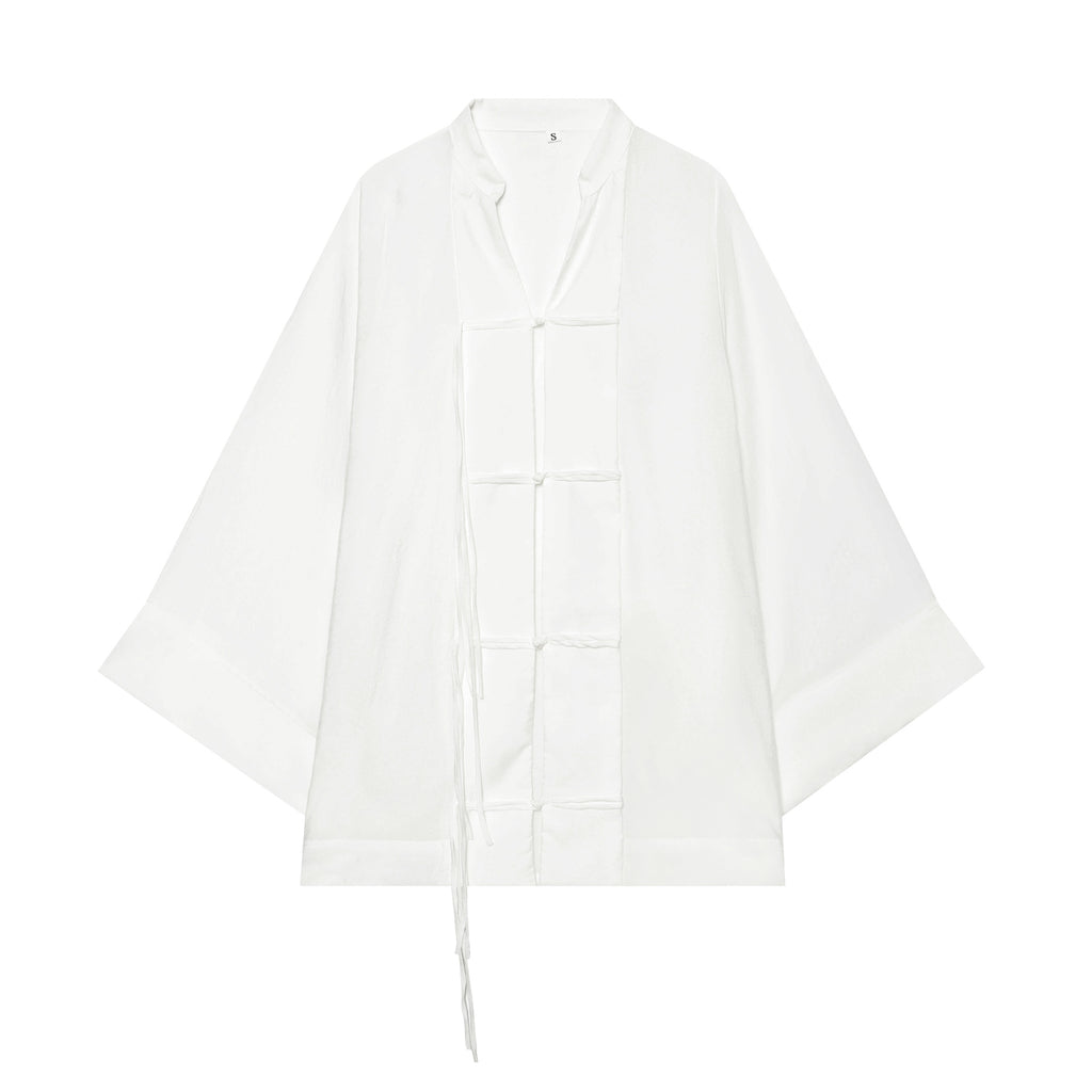 Women's Kimono-Cape Jacket with Chinese Button Closure and Long Tassels Fashion Glam