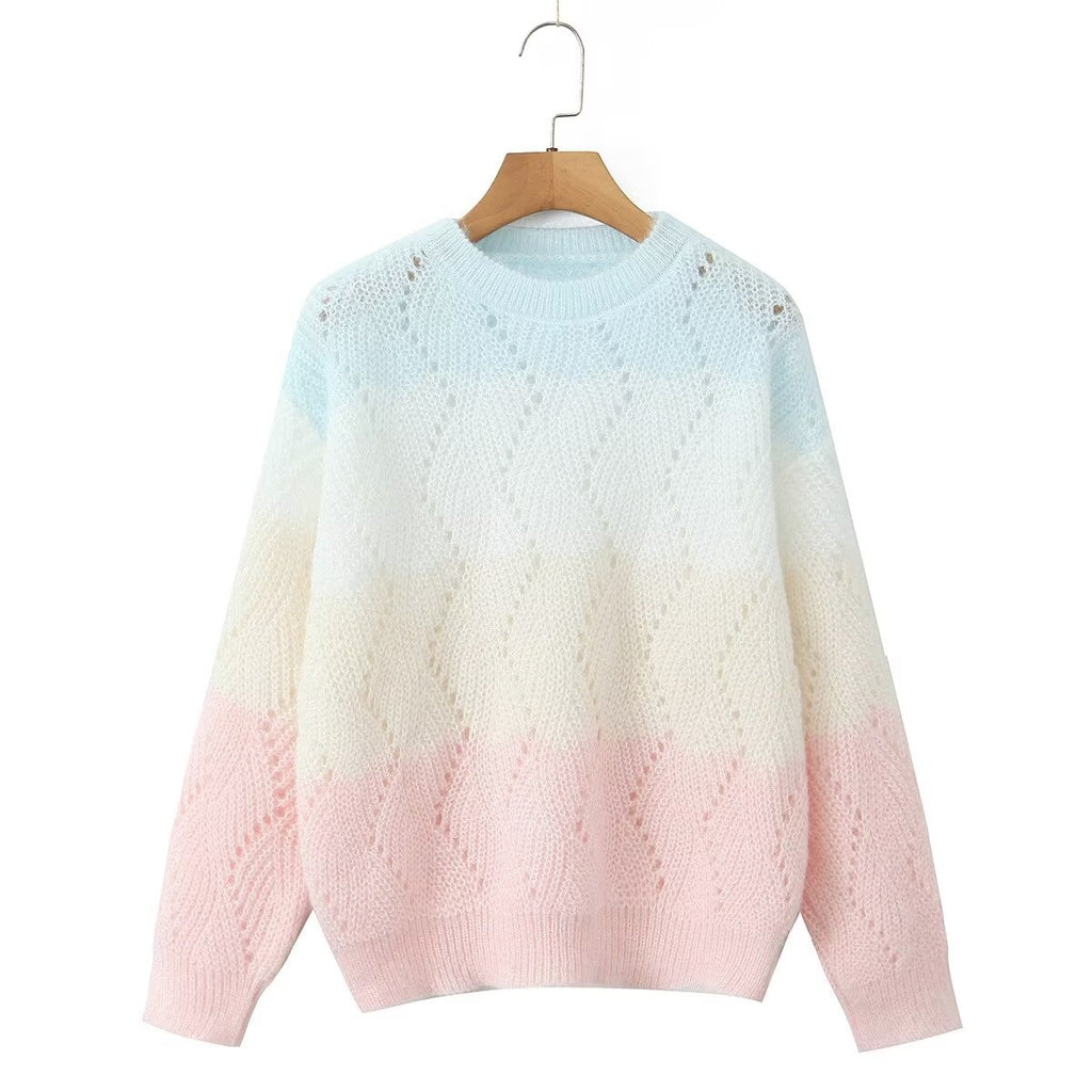 Women Ajour knitted oversized sweater with gradient and round neckline Fashion Glam