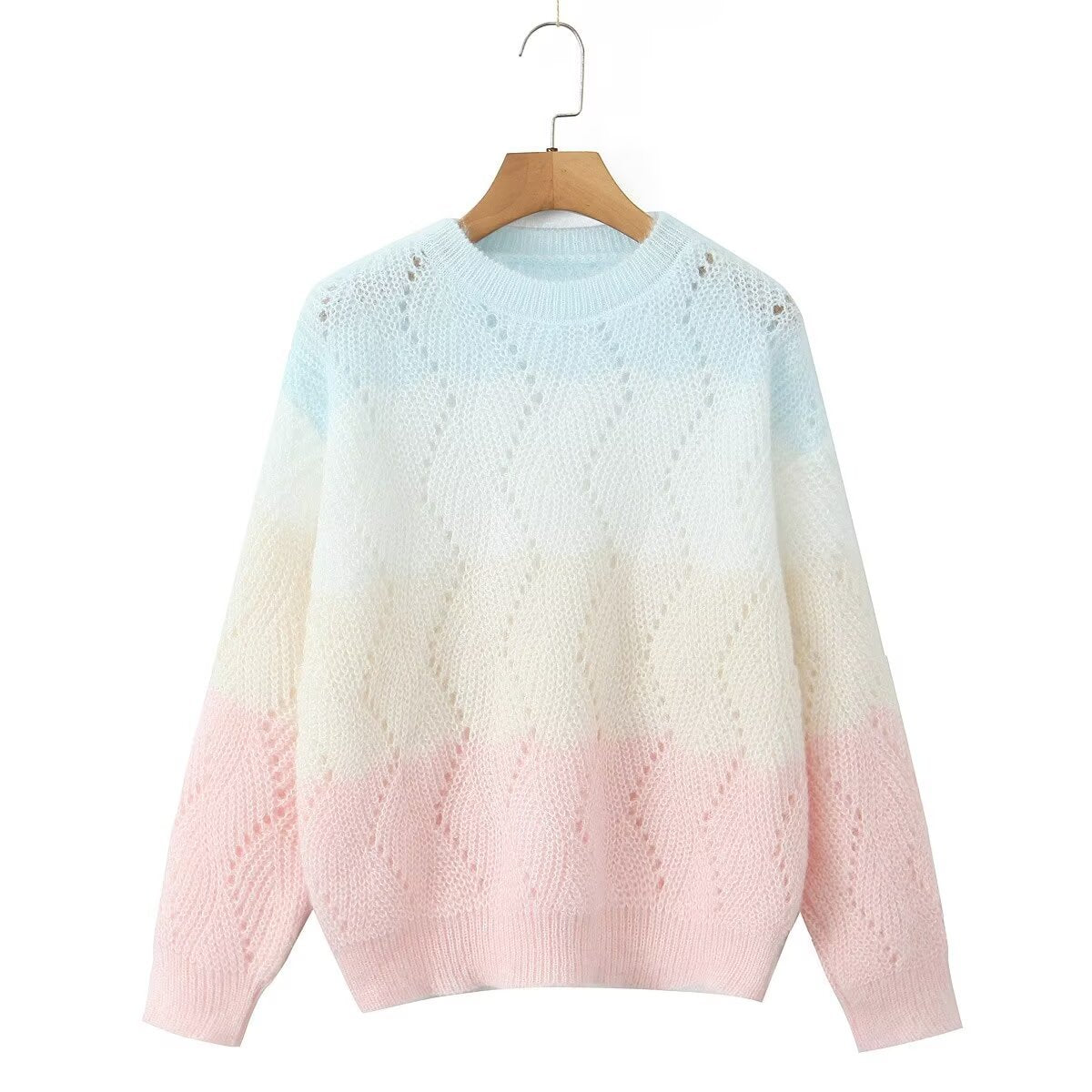 Women Ajour knitted oversized sweater with gradient and round neckline Fashion Glam