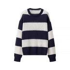 Women Striped Oversize Knit Sweater with Round Neck Fashion Glam