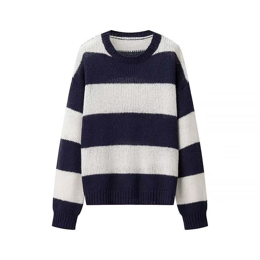 Women Striped Oversize Knit Sweater with Round Neck Fashion Glam