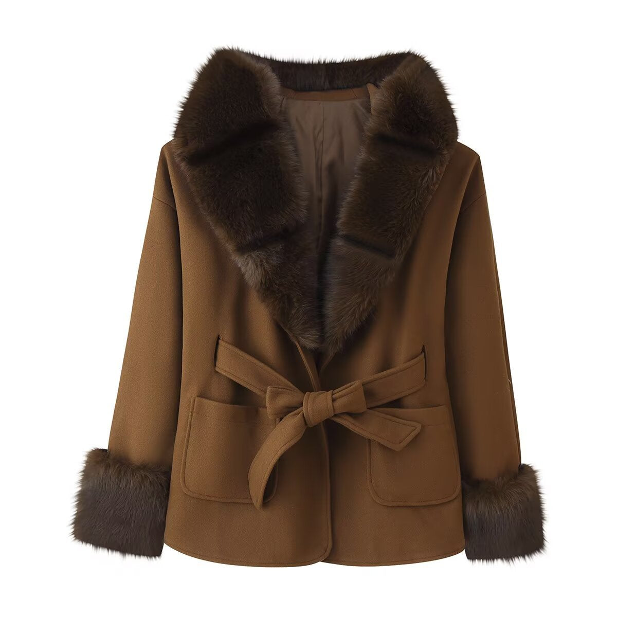 Women's Short Wool Blend Coat with Faux Fur Collar, Waist Belt and Patch Pockets Fashion Glam