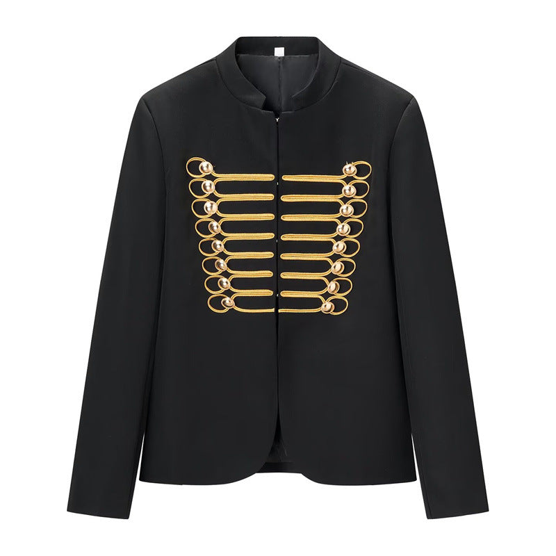 Women Military-Inspired Short Jacket with Stand-Up Collar and Golden Decorative Braid Fashion Glam