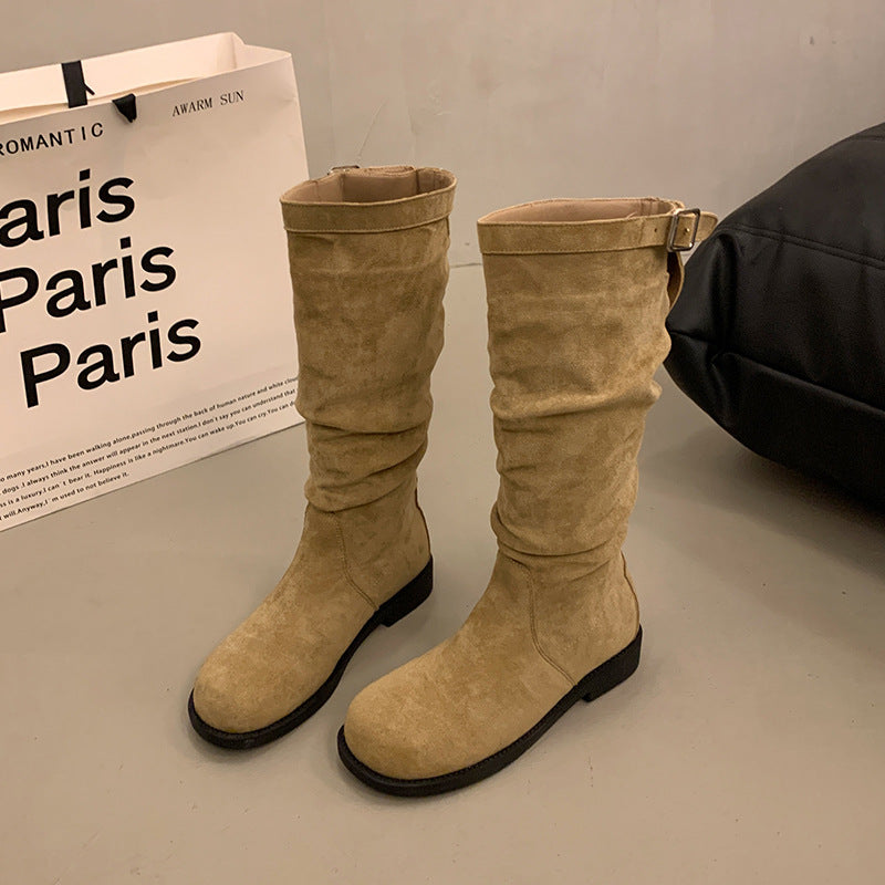 Women's suede knee-high boots with gathered shaft and adjustable buckle tab Fashion Glam