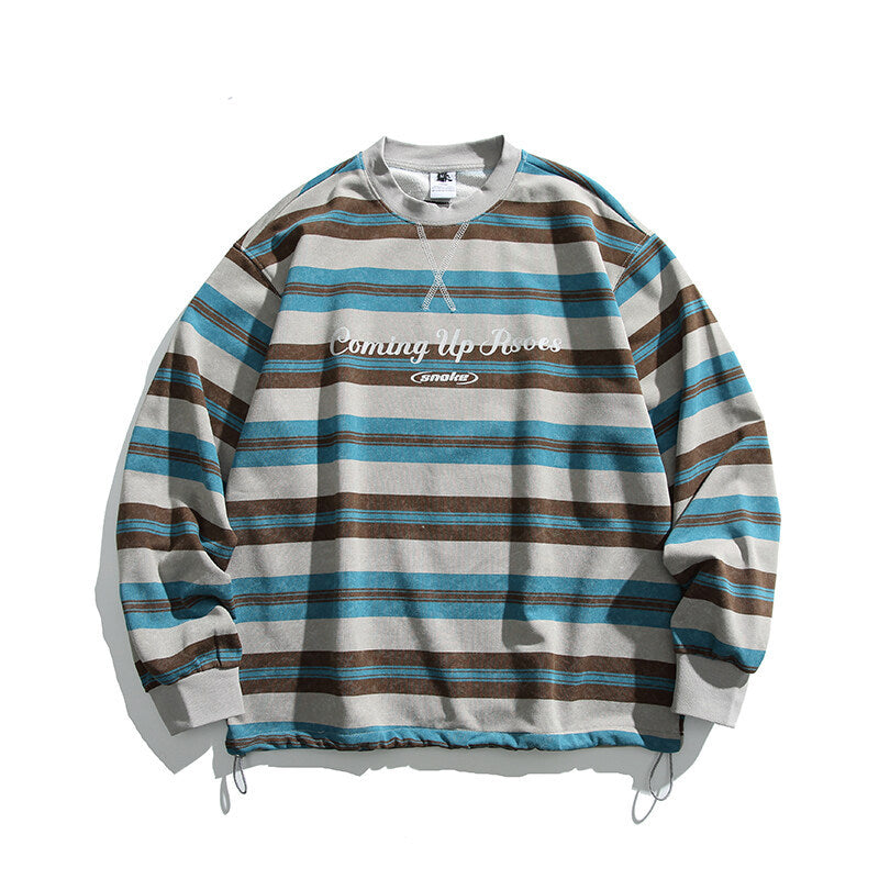 Men's Oversized Striped Sweatshirt with Drawstring Hem and Round Neck Fashion Glam