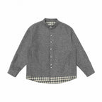 Unisex Oversize Wool Blend Shirt Jacket with Stand-up Collar, Snap Button Placket and Checked Hem Band Fashion Glam