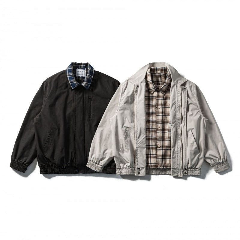 Men's Short Cut Boxy Transition Jacket with Checked Collar and Elastic Hem Fashion Glam