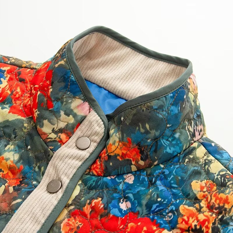 Women Quilted Transitional Jacket with Floral Allover Pattern and Stand Collar Fashion Glam