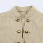 Women lightweight tailored cotton blazer jacket with stand-up collar and decorative button placket Fashion Glam